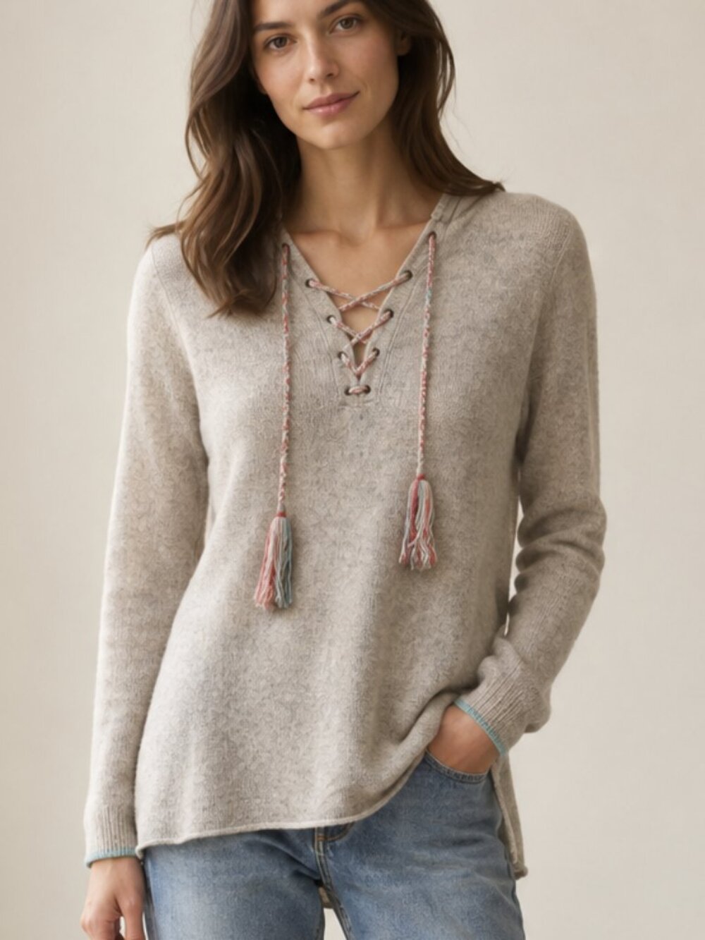Sundance Cashmere Gray Lace Up Hoodie Tunic Sweater Sz S/M